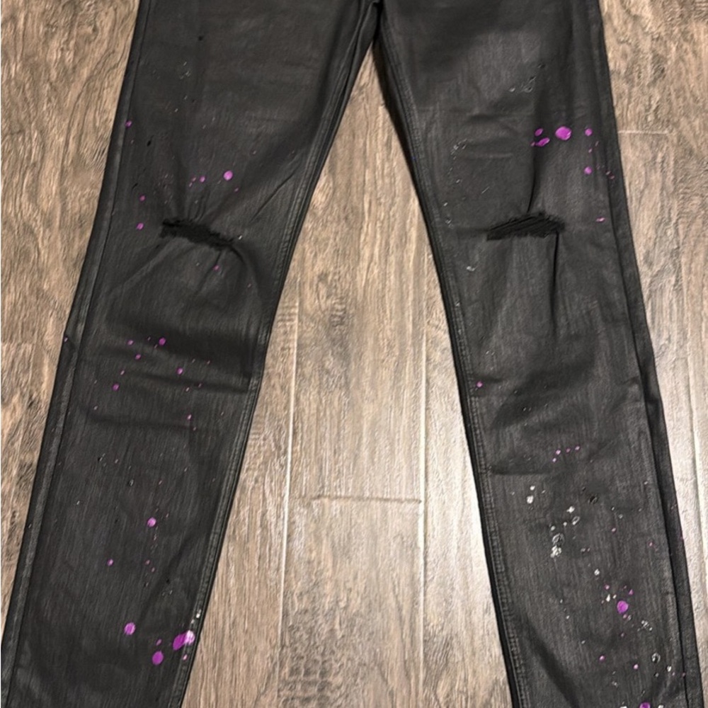 Men's Black Skinny Jeans with Purple Splatter